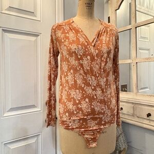 Free People Long‎ Sleeve Terracotta Floral Bodysuit Small Smart Stylish Hip